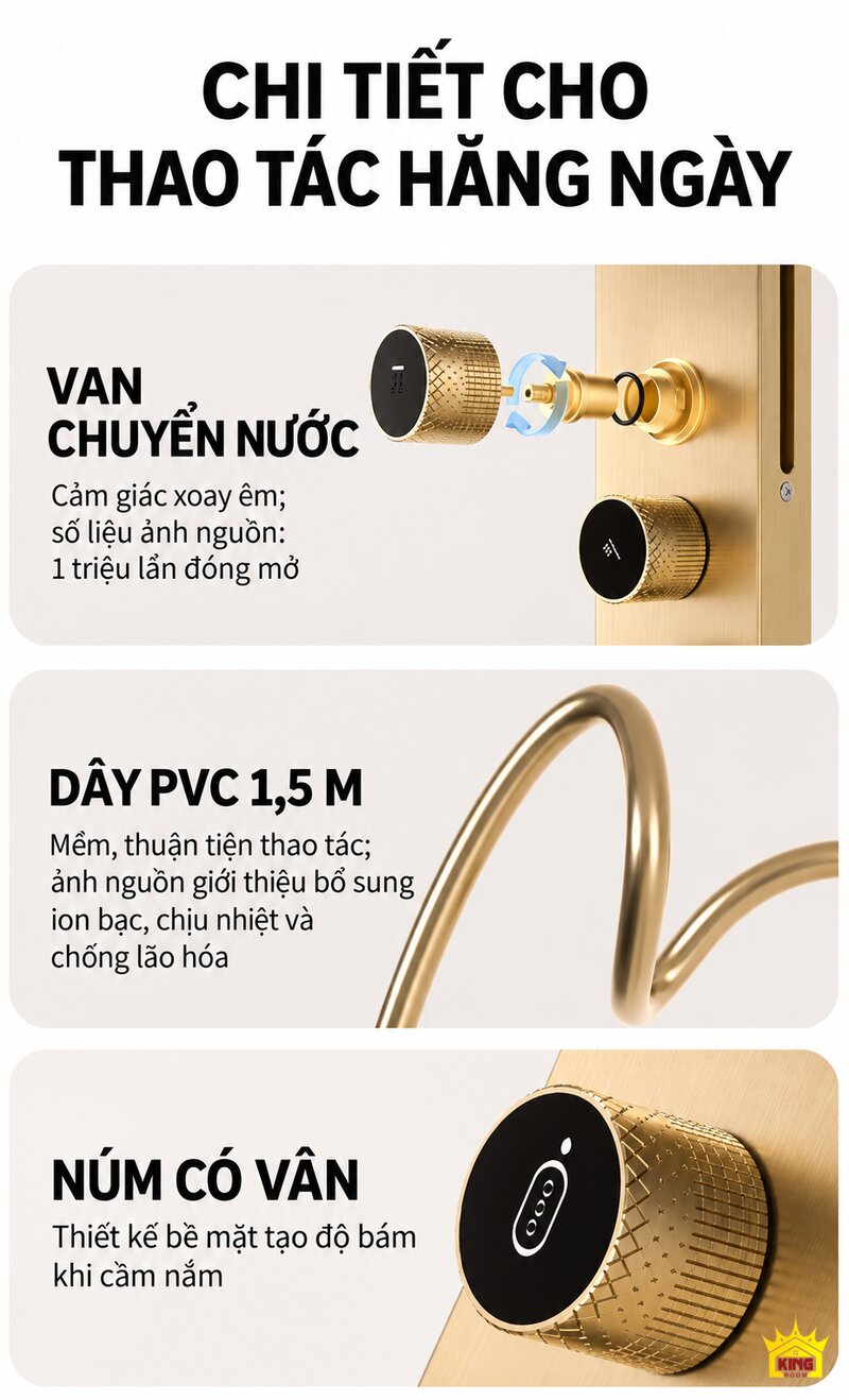 Cận cảnh van nước dây PVC và núm có vân của sen tắm cột KINGROOM 84003