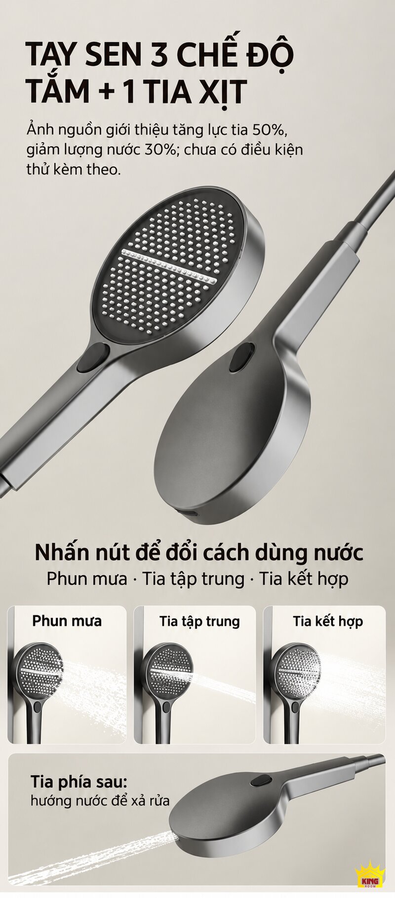 Tay sen đen KINGROOM 84003 với ba kiểu phun tắm và tia xịt lưng