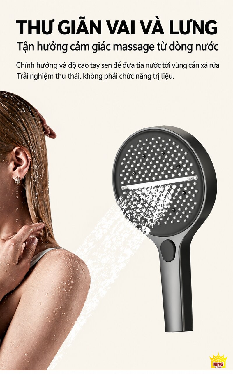 Minh họa tia nước tay sen KINGROOM 84003 hướng vào vùng vai lưng