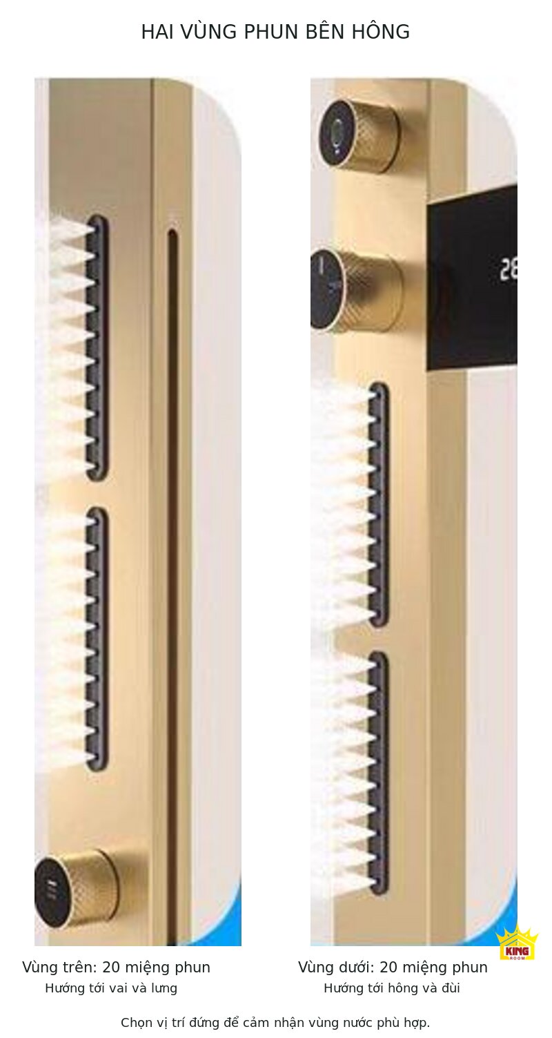Hai vùng phun ngang của cột sen KINGROOM 84003 mỗi vùng 20 miệng phun