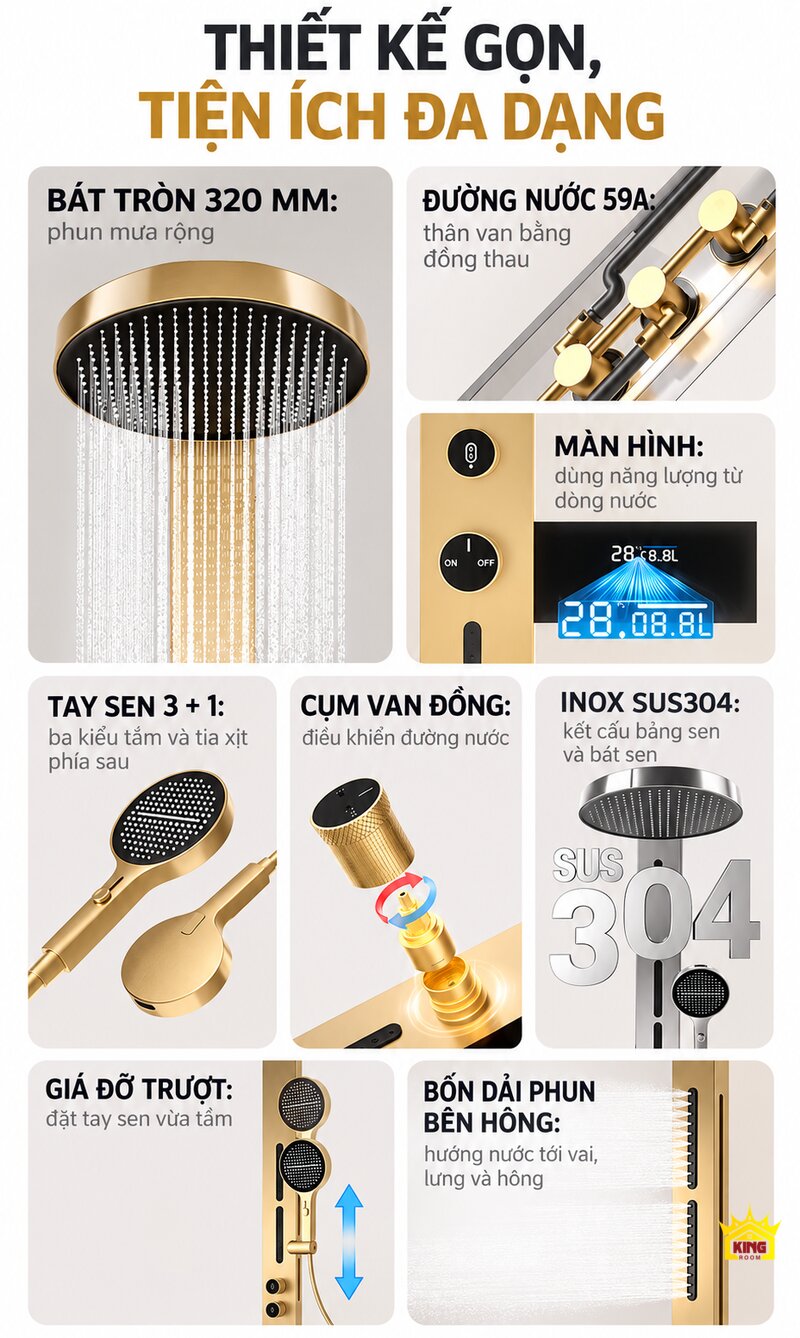 Bảng tổng hợp bát 320 mm đường nước đồng 59A màn hình inox304 tay sen và phun ngang của KINGROOM 84003