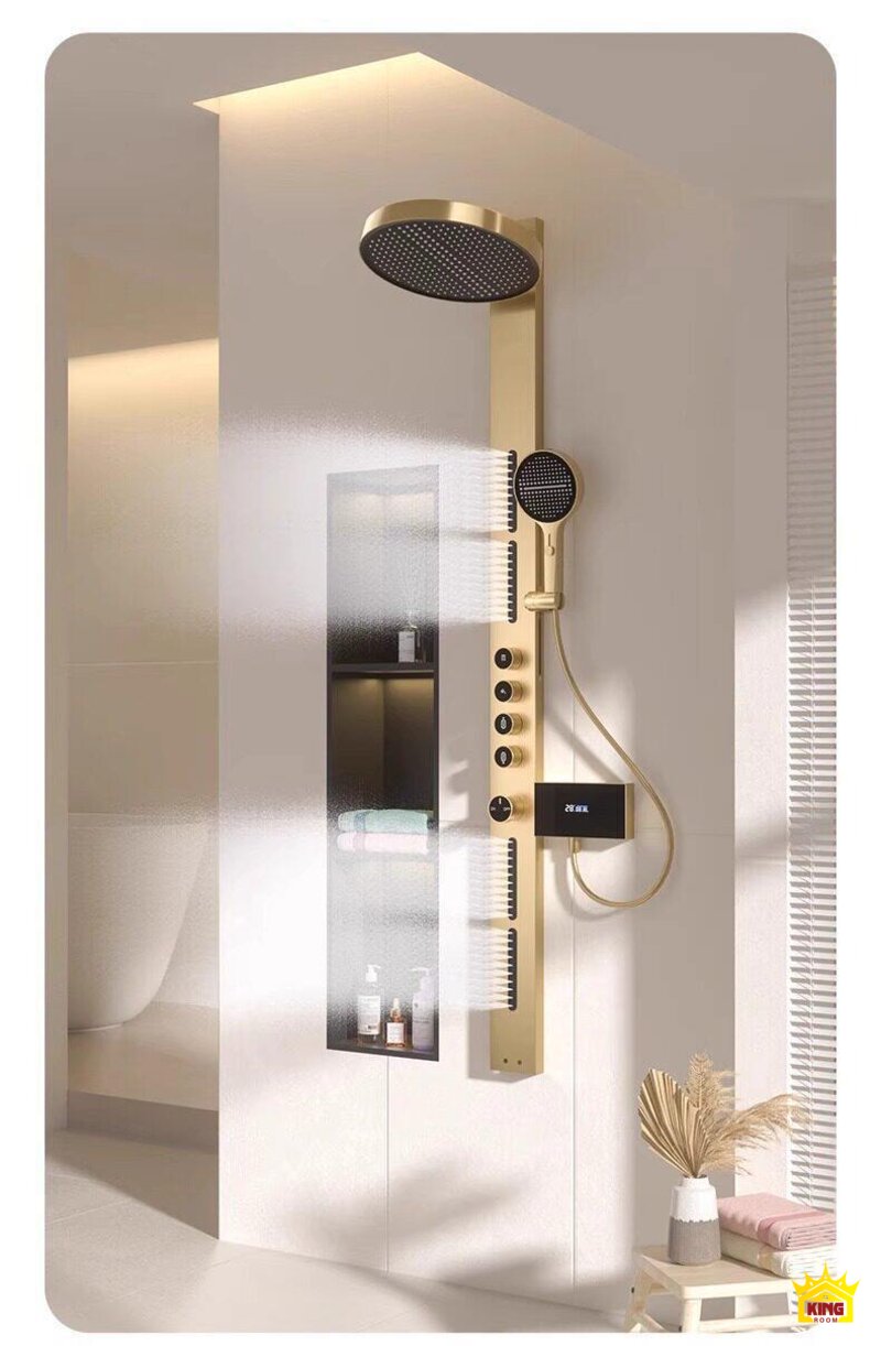 Sen tắm cột KINGROOM 84003 màu vàng đang phun nước từ bốn dải bên hông