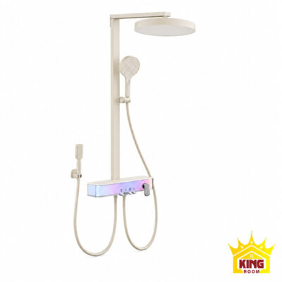 Toàn bộ sen tắm đứng bát tròn màu kem, tay sen, vòi xịt và viền sáng.