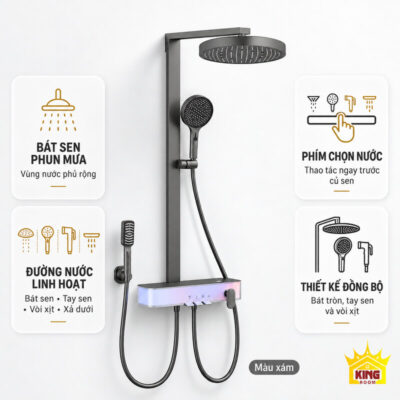 Bộ sen bát tròn xám cùng các thẻ minh họa chức năng và thiết kế.