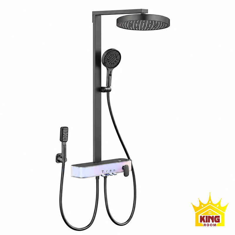 Toàn bộ sen tắm đứng KINGROOM màu xám, bát tròn, viền sáng và vòi xịt.