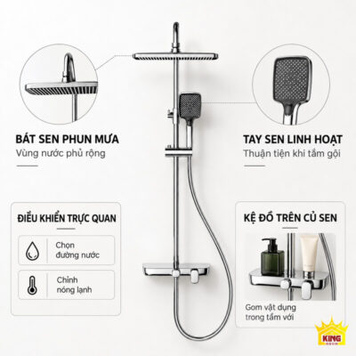 Bộ sen crom với ảnh phóng to bát sen và tay sen cùng các ô tiện ích.