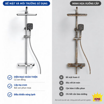 Hai ảnh minh họa bề mặt sáng và dấu vết xuống cấp của thiết bị sen.