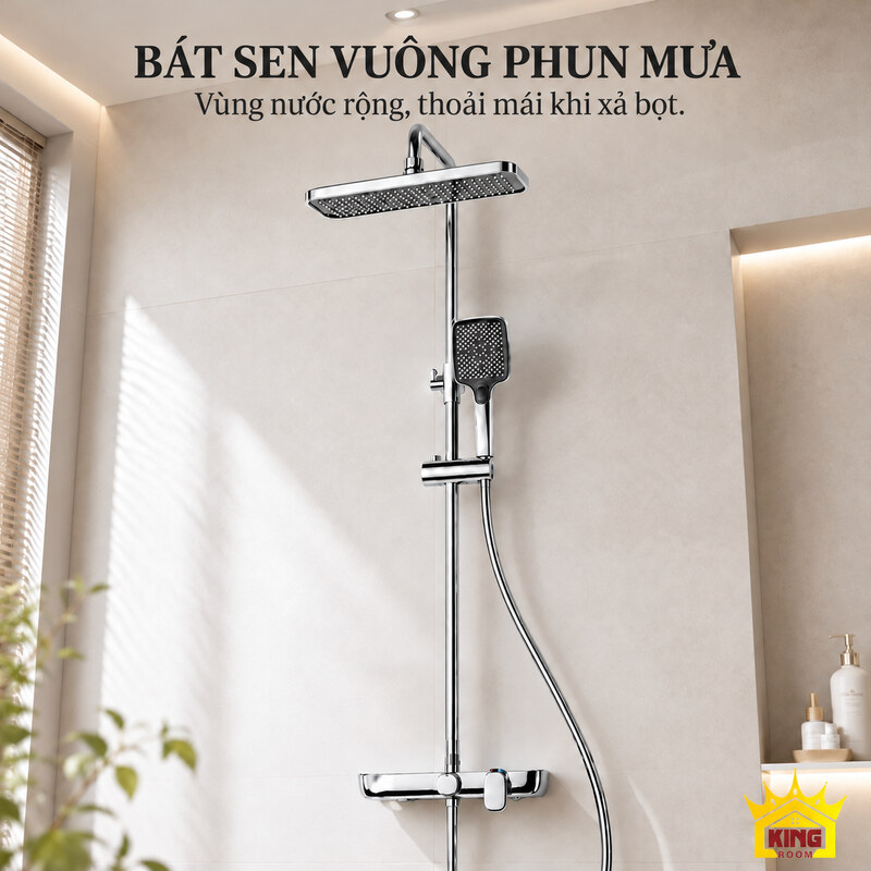 Bát sen vuông cho trải nghiệm dạng mưa Mặt bát sen vuông rộng và các đầu phun nhìn từ phía dưới.