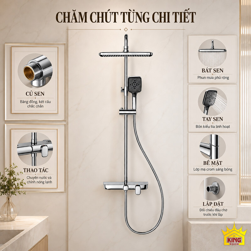 Chi tiết hoàn thiện của bộ sen crom Bộ sen crom ở giữa các bảng thông tin về cấu tạo và hoàn thiện.