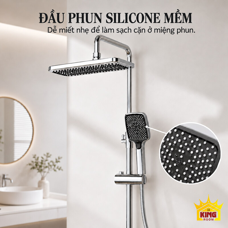 Đầu phun silicone của bộ sen bát vuông Đầu phun mềm trên bát sen và ảnh phóng to mặt tay sen.