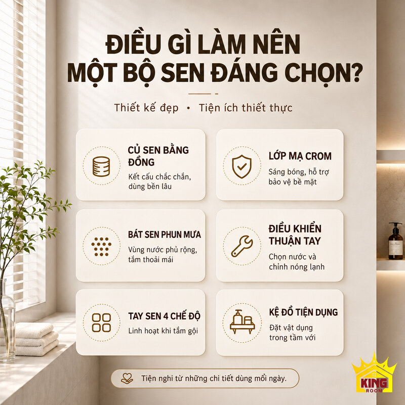 Những điểm nổi bật của sen bát vuông Infographic sáu ô về củ sen đồng, lớp mạ, bát sen, điều khiển, tay sen và kệ đồ.