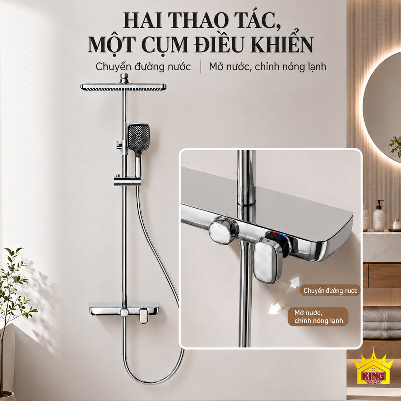 Điều khiển hai chức năng thuận tay Núm chuyển nước và tay gạt mở nước, chỉnh nóng lạnh ở phía trước củ sen.