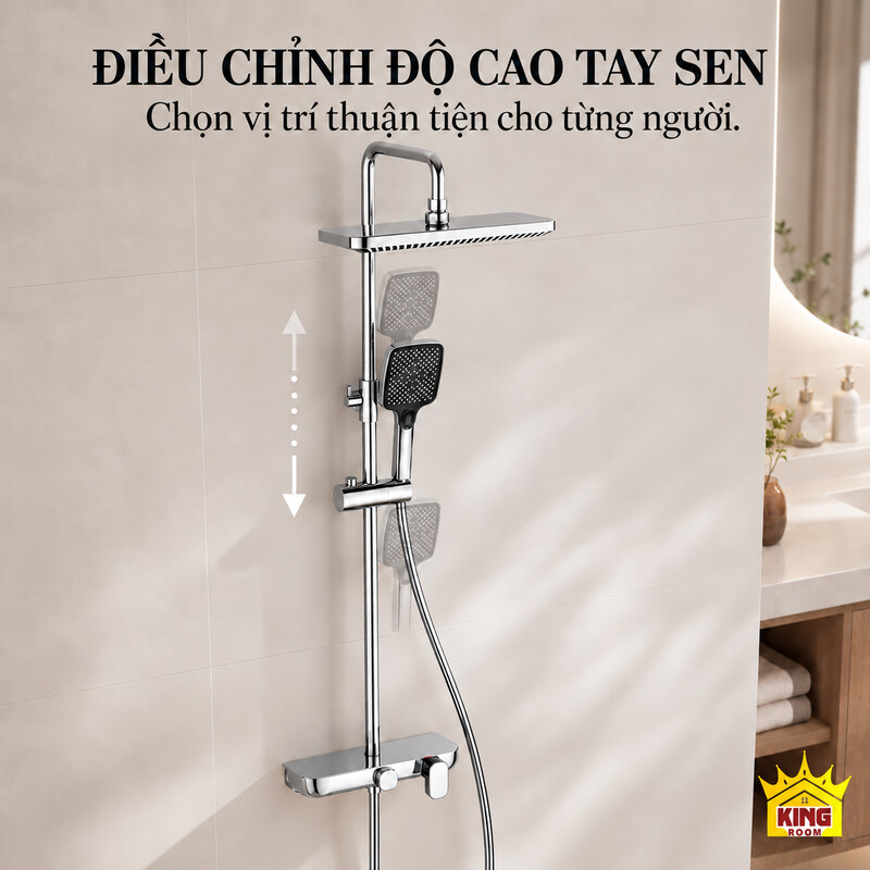 Giá treo tay sen điều chỉnh độ cao Thanh trượt và các vị trí cao thấp của tay sen vuông.