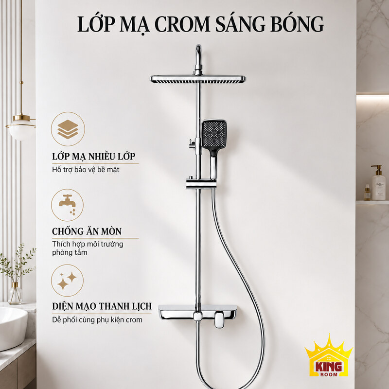 Lớp mạ crom và diện mạo sáng bóng Bộ sen crom cùng ba ô minh họa lớp hoàn thiện và khả năng chống ăn mòn.