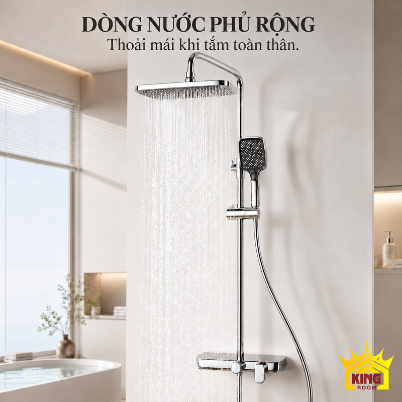 Dòng nước phun mưa từ bát sen vuông Bát sen vuông đang phun nước dạng mưa trong phòng tắm.