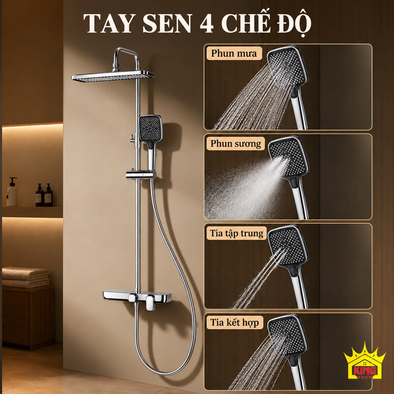 Bốn chế độ phun của tay sen Tay sen vuông với minh họa phun mưa, phun sương, tia tập trung và tia kết hợp.
