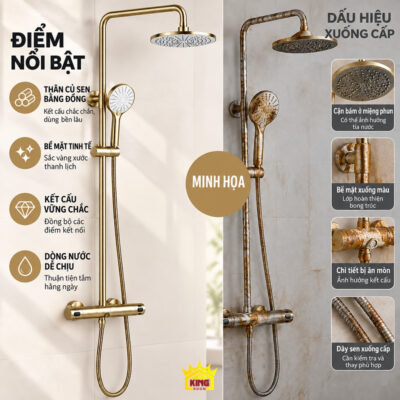Ảnh minh họa kết cấu bộ sen KINGROOM màu vàng và các dấu hiệu xuống cấp ở thiết bị tắm