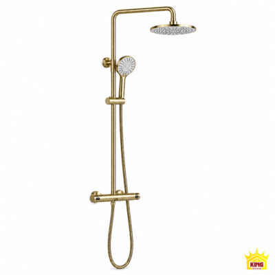 Bộ sen tắm đứng KINGROOM màu vàng gồm bát tròn, sen cầm tay, củ sen và dây sen trên nền trắng