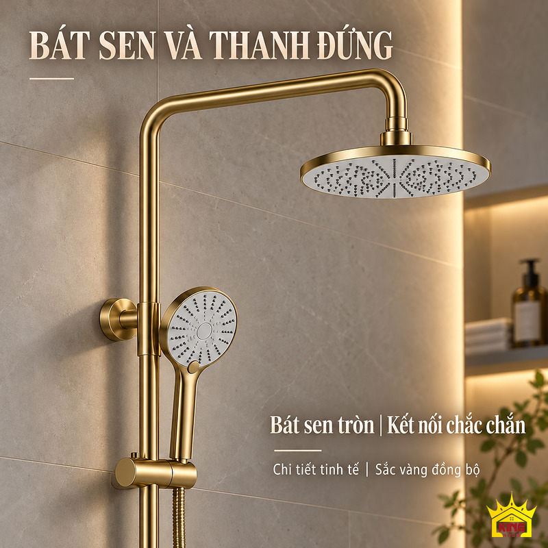 Chi tiết bát sen và thanh đứng Bát sen tròn và thanh đứng màu vàng của bộ sen tắm đứng KINGROOM