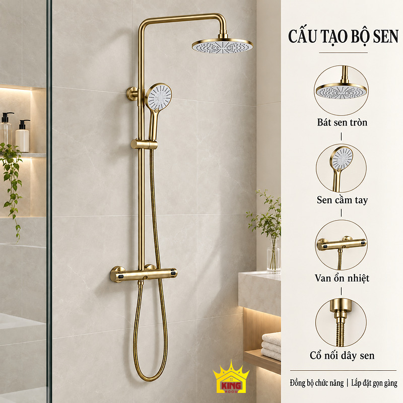 Cấu tạo bộ sen tắm đứng màu vàng Các bộ phận bát sen tròn, sen cầm tay, van ổn nhiệt và cổ nối dây sen KINGROOM