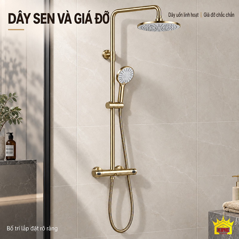 Dây sen và giá đỡ màu vàng Dây sen và giá đỡ của bộ sen tắm đứng KINGROOM màu vàng sau khi lắp