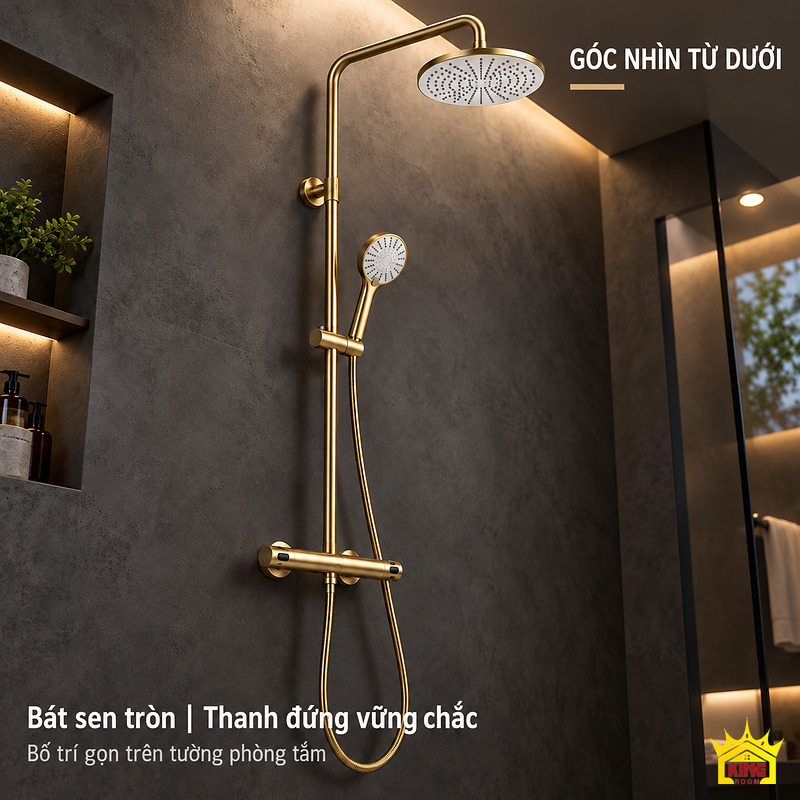 Góc nhìn từ dưới của bộ sen vàng Bộ sen tắm đứng KINGROOM màu vàng chụp từ dưới trong phòng tắm tường tối