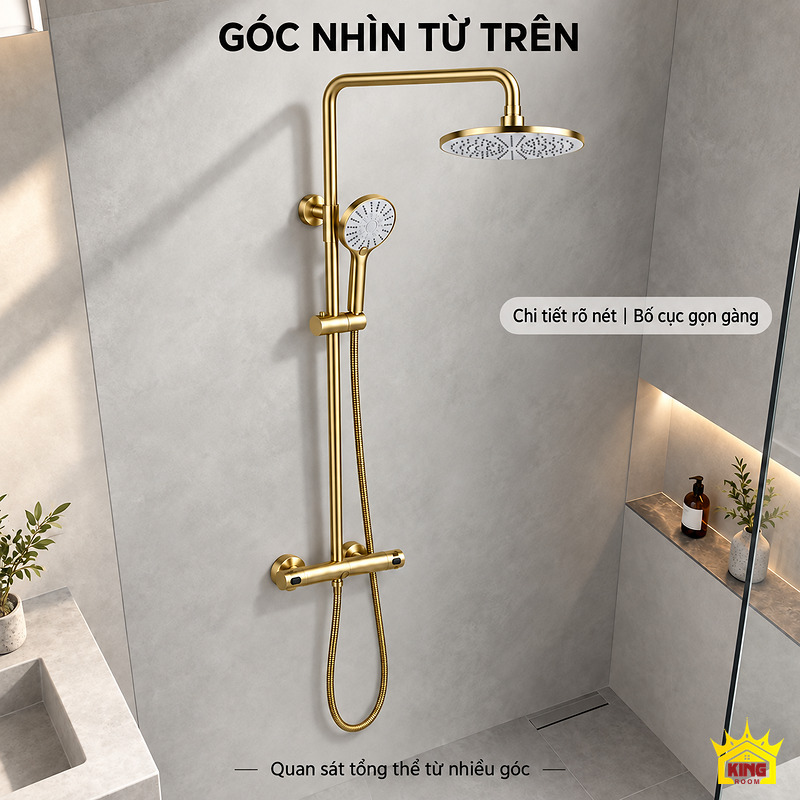 Góc nhìn từ trên của sen tắm đứng vàng Bộ sen tắm đứng KINGROOM màu vàng chụp từ trên, thấy vị trí tay sen và dây sen