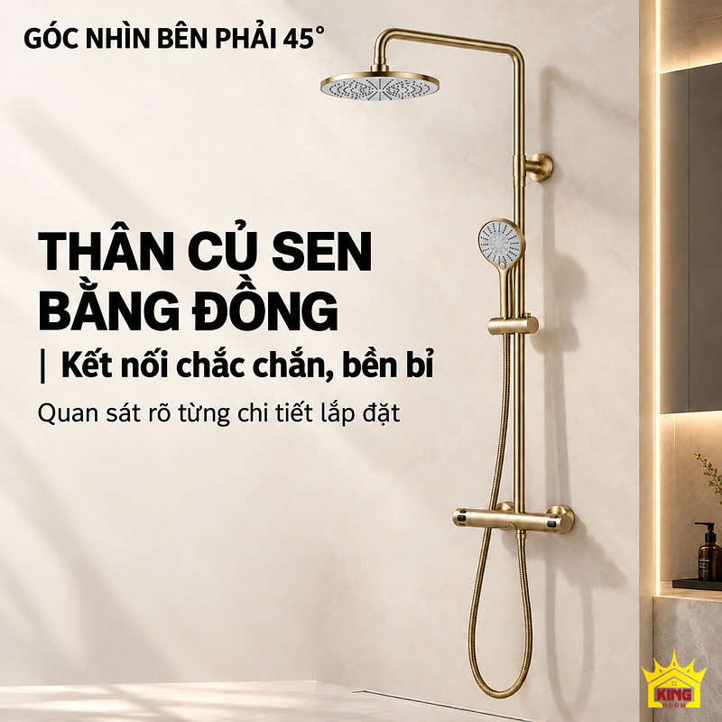 Góc nhìn phải của sen tắm đứng vàng Sen tắm đứng KINGROOM màu vàng ở góc phải 45 độ, thấy thân củ sen và điểm nối