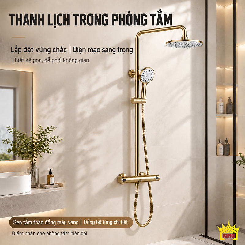 Sen tắm đứng vàng trong phòng tắm Bộ sen tắm đứng KINGROOM màu vàng lắp trong phòng tắm tông đá sáng