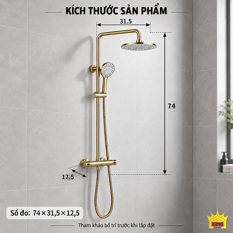 Bản vẽ kích thước sen tắm đứng màu vàng Sơ đồ kích thước sen tắm đứng KINGROOM màu vàng với các số đo 74, 31,5 và 12,5