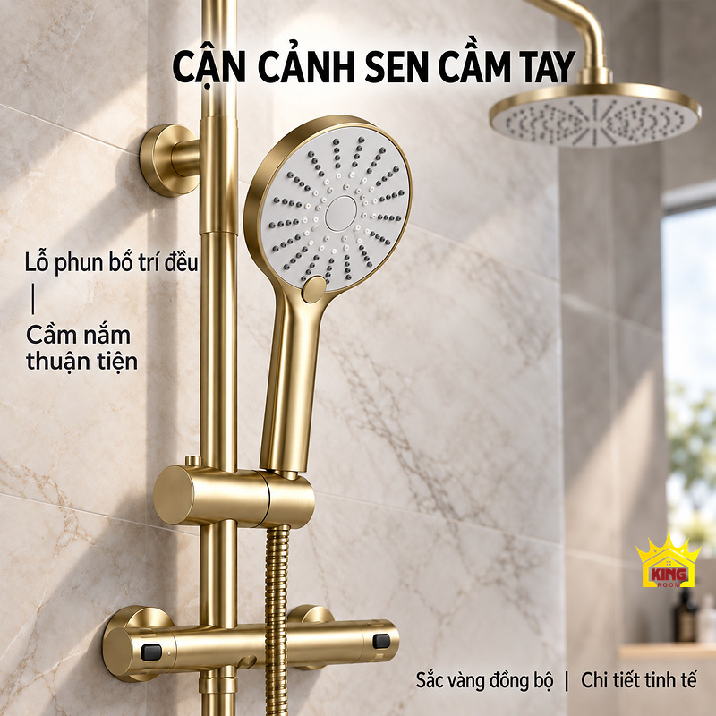Cận cảnh sen cầm tay tròn Cận cảnh đầu sen cầm tay tròn của bộ sen tắm đứng KINGROOM màu vàng