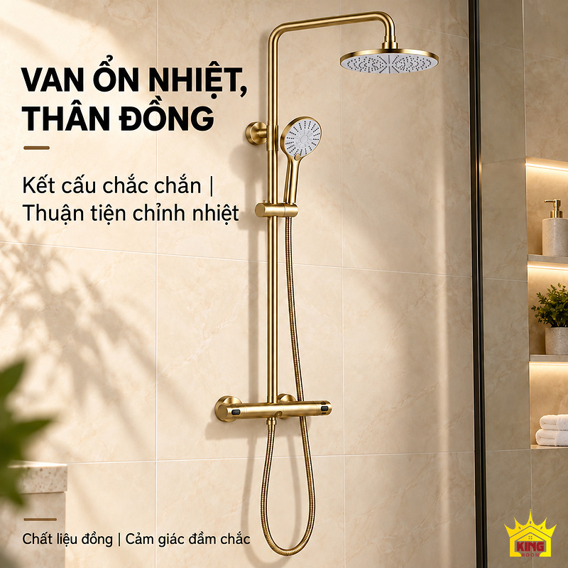 Van ổn nhiệt và thân củ sen đồng Sen tắm đứng KINGROOM màu vàng với củ sen thân đồng và van ổn nhiệt