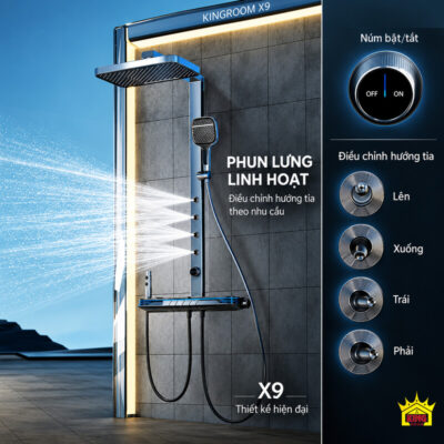Sen tắm đứng KINGROOM X9 màu xám trong phòng tắm, bốn vòi phun lưng đang xả nước