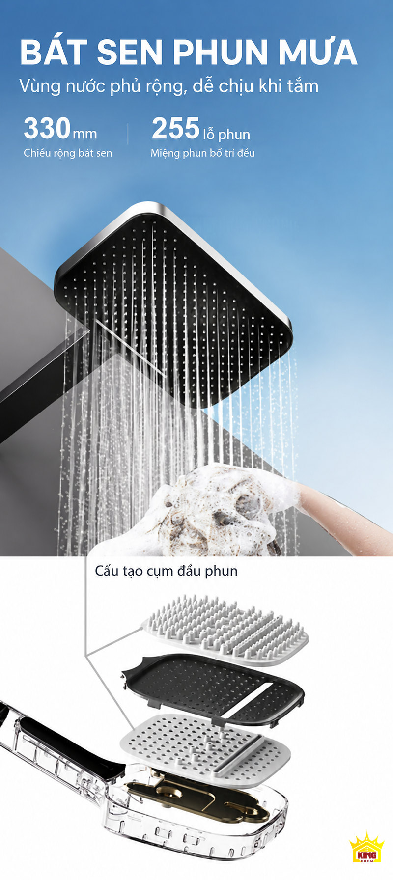 Bát sen mưa X9 330 mm Bát sen đỉnh KINGROOM X9 rộng 330 mm với 255 vị trí phun và cấu tạo bên trong