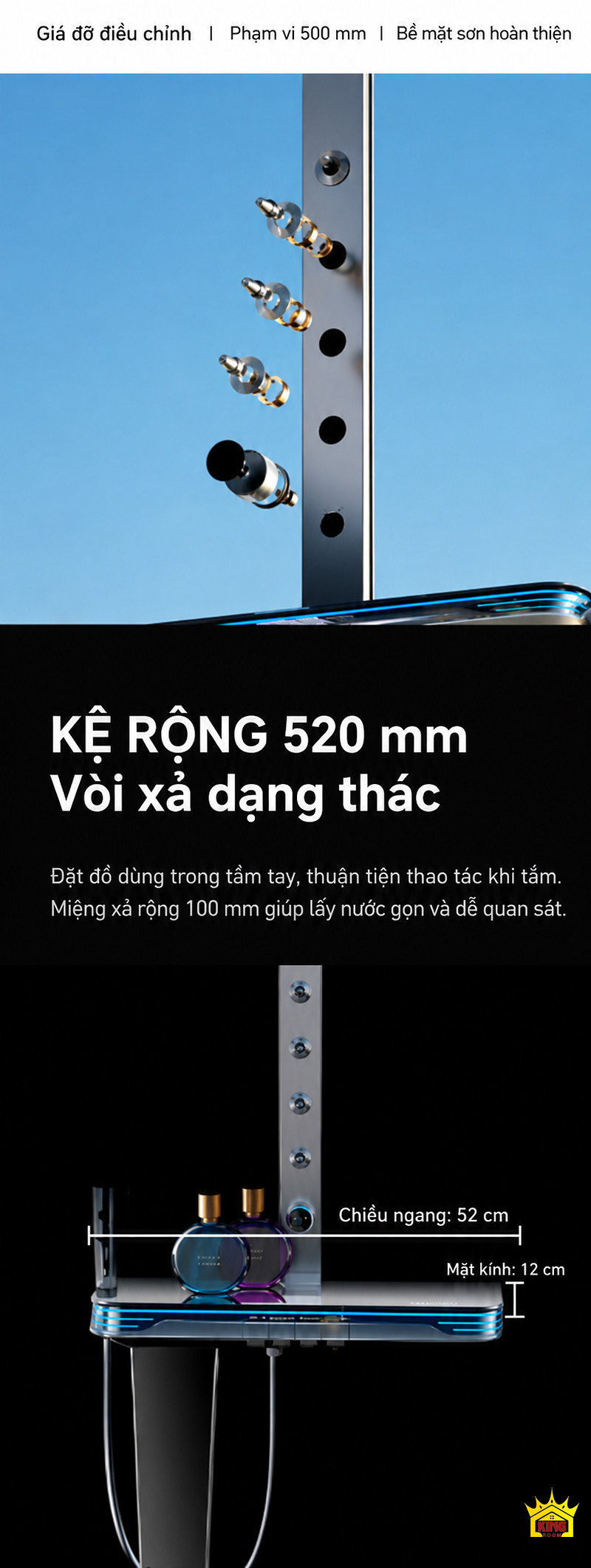 Kệ X9 rộng 520 mm và vòi xả thác Kệ đặt đồ KINGROOM X9 rộng 520 mm cùng cụm phun lưng và vòi xả dạng thác