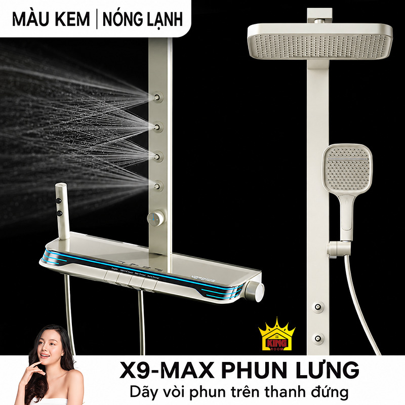 X9-MAX màu kem bản phun lưng nóng lạnh Sen tắm đứng KINGROOM X9-MAX màu kem, bản nóng lạnh với bốn vòi phun lưng