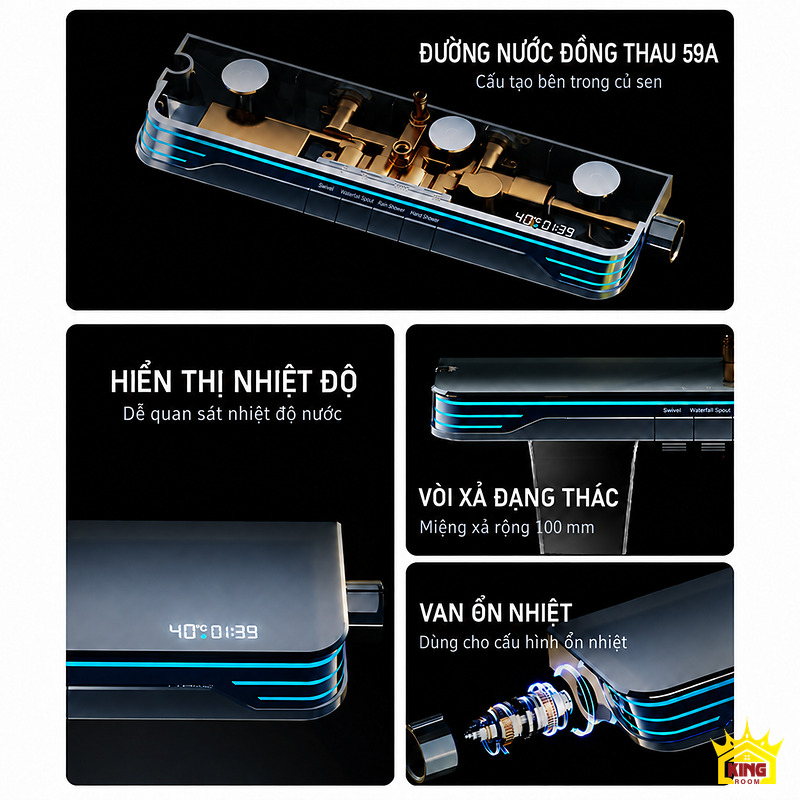 Đường nước, màn hình và vòi xả X9 Ảnh chi tiết đường nước đồng thau, màn hình nhiệt độ, vòi xả thác và van ổn nhiệt KINGROOM X9