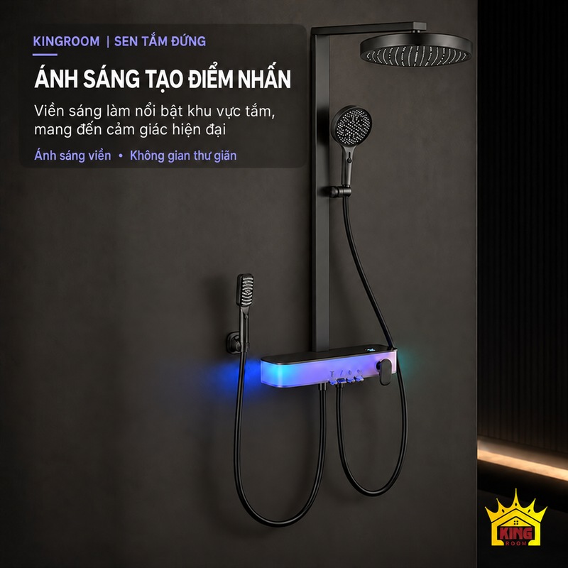 Ánh sáng viền của bộ sen bát tròn Viền sáng trên củ sen bát tròn xám trong phòng tắm ánh sáng dịu.