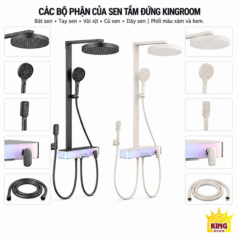 Các bộ phận của sen xám và sen kem Hai bộ sen tròn và ảnh chi tiết bát sen, tay sen, vòi xịt, củ sen, dây sen.