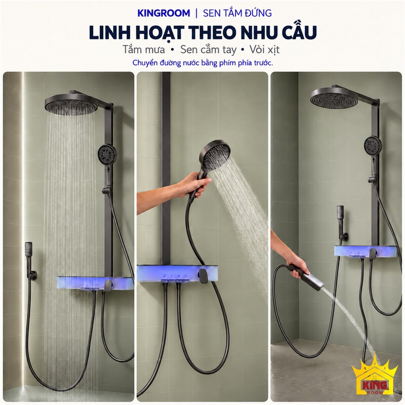 Tắm mưa, tay sen và vòi xịt Ba ảnh thao tác với bát sen tròn, tay sen và vòi xịt.