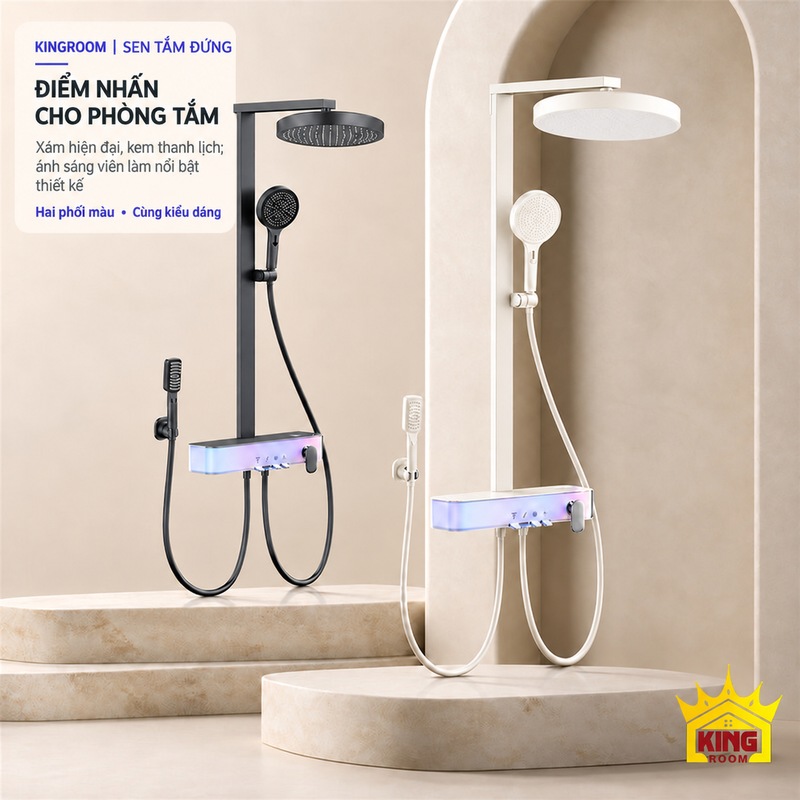 Phối màu xám và kem của bộ sen LED Hai bộ sen bát tròn màu xám và kem trên bệ đá sáng.