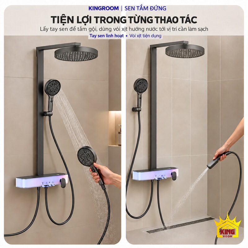 Tay sen và vòi xịt khi sử dụng Hai ảnh sử dụng tay sen tròn và vòi xịt trong phòng tắm.