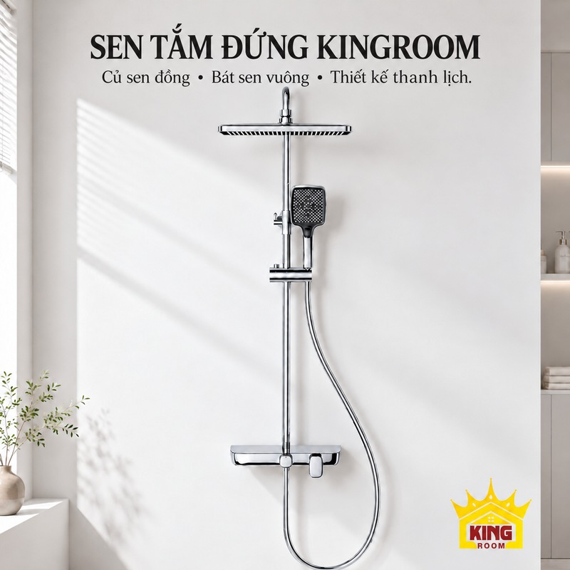 Bộ sen bát vuông trong phòng tắm sáng Tổng thể bộ sen crom bát vuông với tay sen và mặt kệ trên củ sen.