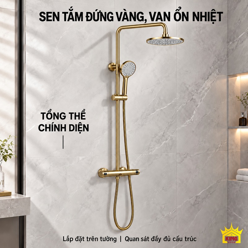 Sen tắm đứng vàng nhìn chính diện Sen tắm đứng KINGROOM màu vàng nhìn chính diện trên nền tường vân đá