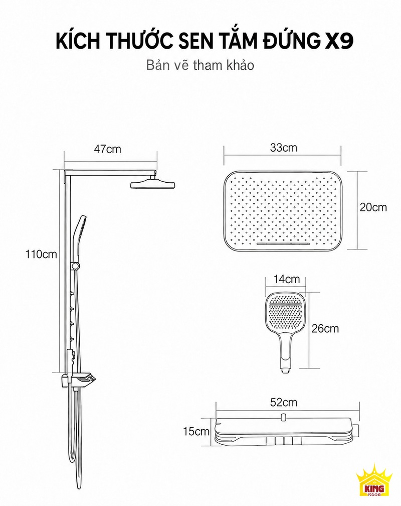 Bản vẽ kích thước sen X9 Bản vẽ sen tắm đứng KINGROOM X9 với bát 33 × 20 cm, kệ 52 × 15 cm và tay sen 14 × 26 cm