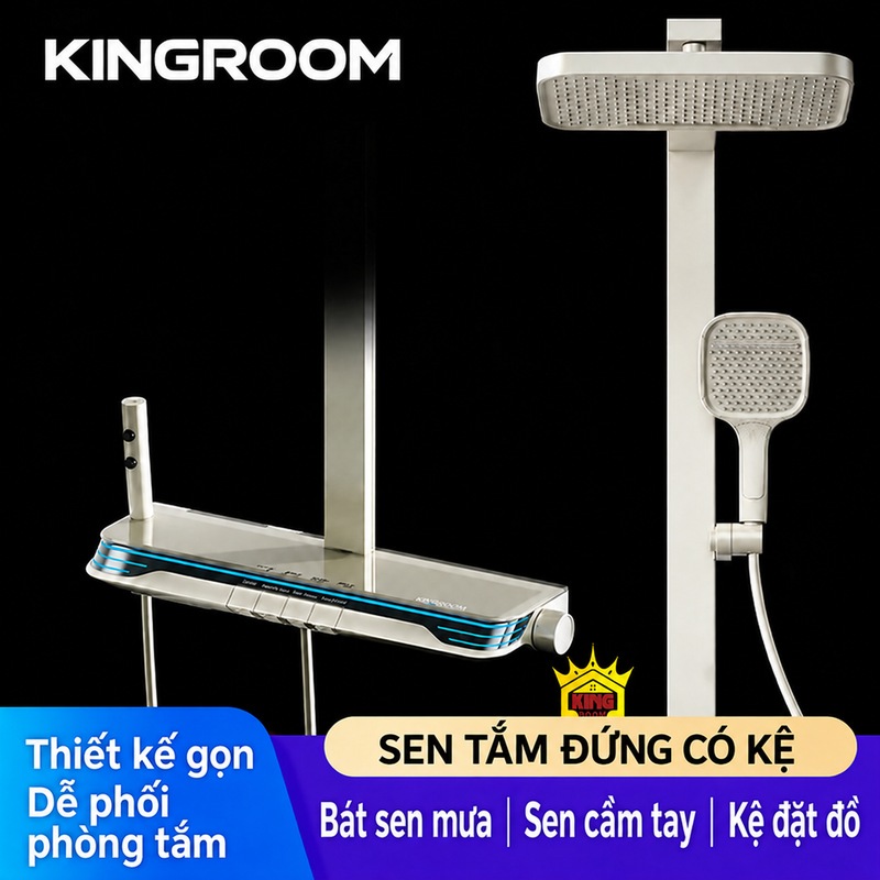 Sen X9 màu kem với kệ đa năng Sen tắm đứng KINGROOM X9 màu kem có kệ đặt đồ và viền ánh sáng xanh