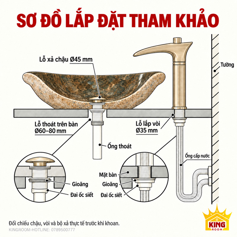 Sơ đồ lắp lavabo đặt bàn: lỗ xả chậu Ø45 mm, lỗ thoát trên bàn Ø60–80 mm, lỗ vòi Ø35 mm