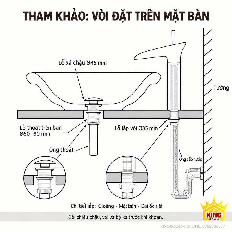 Sơ đồ vòi đặt trên bàn với lỗ xả chậu Ø45 mm, lỗ thoát trên bàn Ø60–80 mm và lỗ vòi trên bàn Ø35 mm