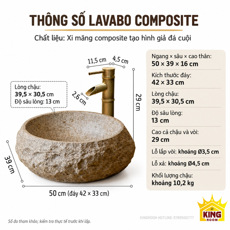 Thông số chậu composite oval 50 × 39 × 16 cm, lòng 39,5 × 30,5 cm sâu 13 cm