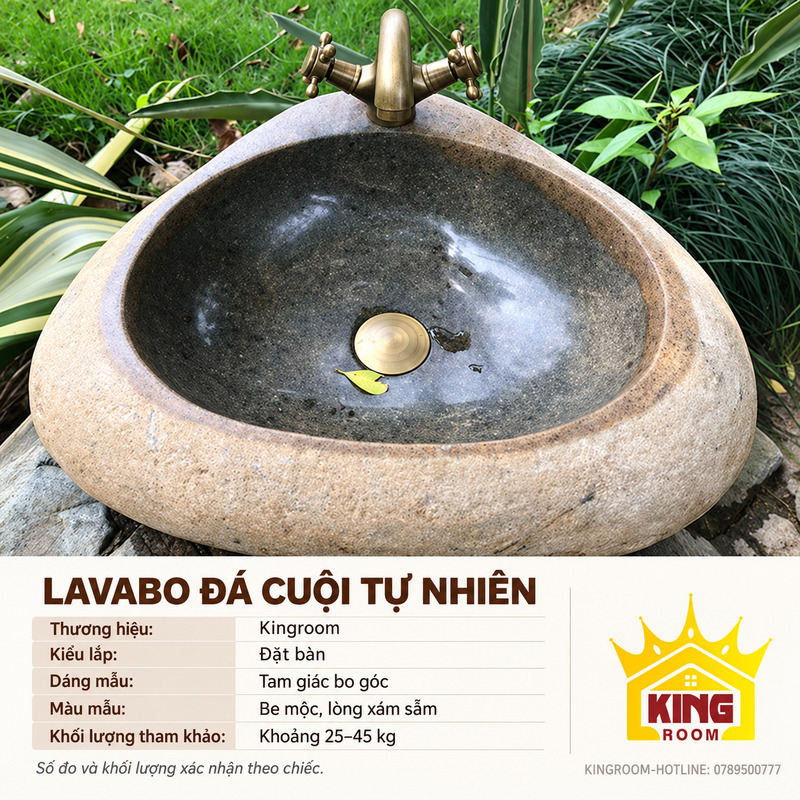 Bảng thông tin lavabo đá cuội tự nhiên Kingroom dáng tam giác, khối lượng tham khảo khoảng 25–45 kg